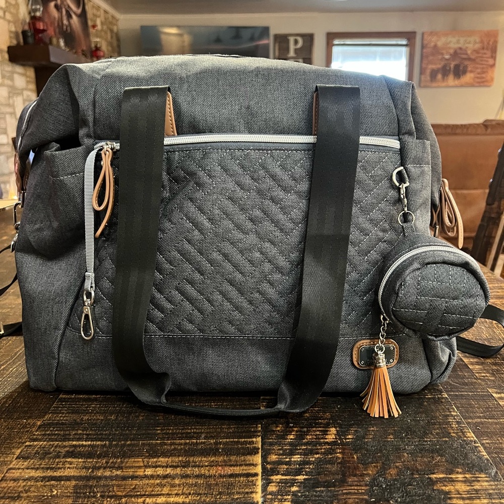 Large Gray Baby Diaper Bag Tote with Tassel Accent